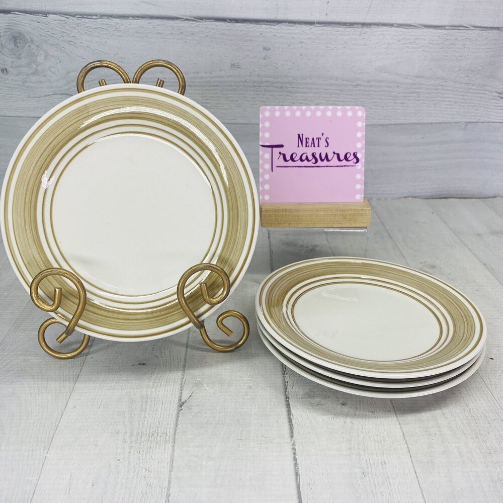 Mainstays CASUAL BANDED BROWNSTONE Rings Stoneware White Salad Plates Set of 4
